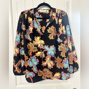 Black Floral Blouse with Multicolor Leaves